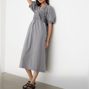 Tach Dress Adelfa Black White Gingham Embroidered Smocked Midi Size XS